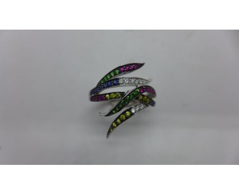 An 18ct white gold multi gem unique design ring, size M, approx 5.2 grams, marked 750 18K, in good condition 