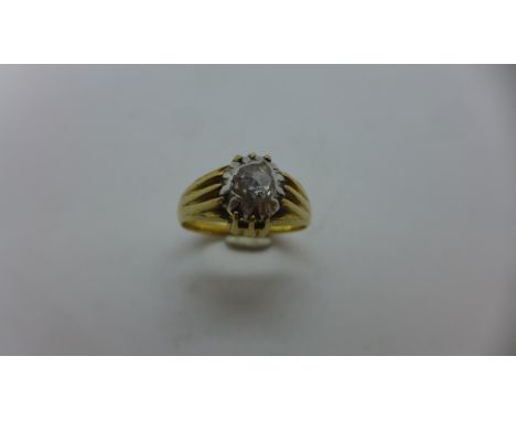 A yellow gold solitaire diamond ring with old cut stone approx 5.5mm wide, ring size T, approx 6.1gs, tests to approx 18ct no