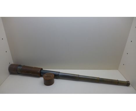 A 5 draw brass telescope by Broadhurst Clarkson and Co ltd. Generally good, leather worn and missing end cap. 