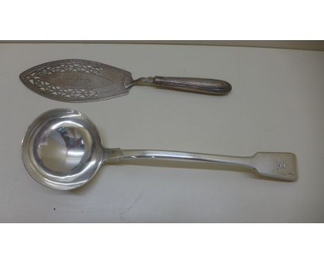 A Victorian silver ladle, London 1841/42, Maker DC, 34 cm long together with a Georgian silver serving slice, London 1786, Ma