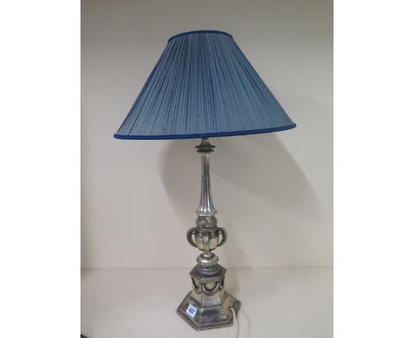 A good quality silver plated table lamp with shade, 67cm tall, will need rewiring 