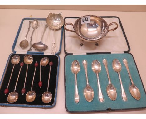 A silver plated twin handle bowl, assorted silver flatware including two 800 silver spoons, total silver weight approx 8.3 tr