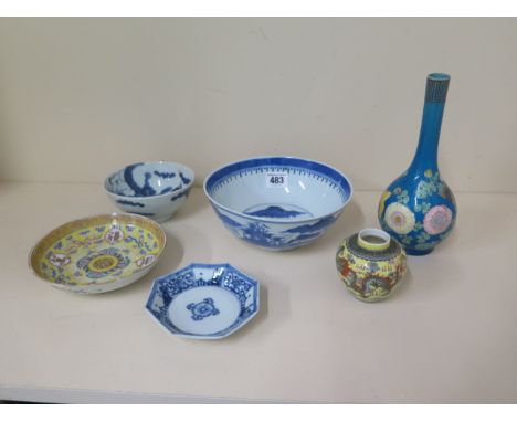 6 pieces of Oriental porcelain and ceramic, all good apart from yellow saucer, 15cm diameter, which has a chip to the base an