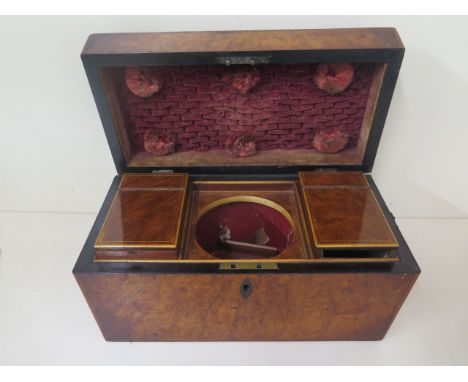 A 19th century 2 section tea caddy possibly satin wood in original condition, 19cm tall, 32 x 17cm 