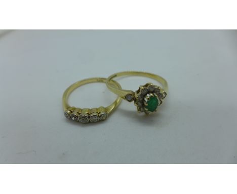 An 18ct gold five stone diamond ring, size N, approx 1.6 grams and a 9ct gold dress ring, size Q, approx 1.8 grams 