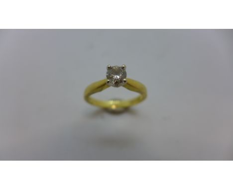 A hallmarked 18ct yellow gold solitaire diamond ring, diamond approx 0.30ct, ring size L, approx 2.9gs - generally good condi