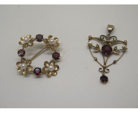 A yellow gold pearl and garnet pendant, missing a pearl together with a 9ct gold pearl and garnet brooch. Total approx 5 gram