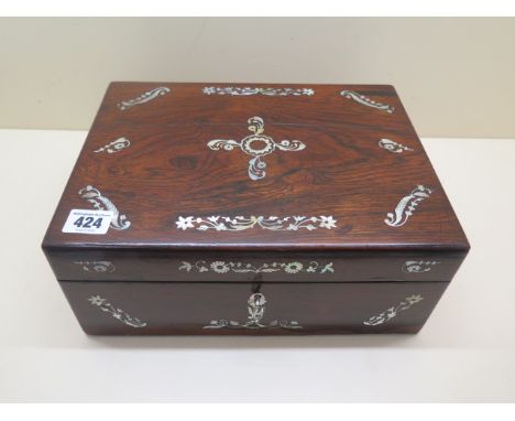 A 19th century Rosewood and mother of pearl inlaid jewellery box in restored condition with key, 12cm tall, 30 x 23cm 