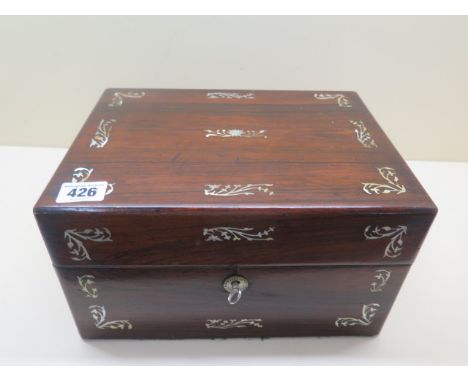 A 19th century Rosewood and mother of pearl inlaid jewellery box in restored condition with key, 15cm tall, 28 x 21cm 