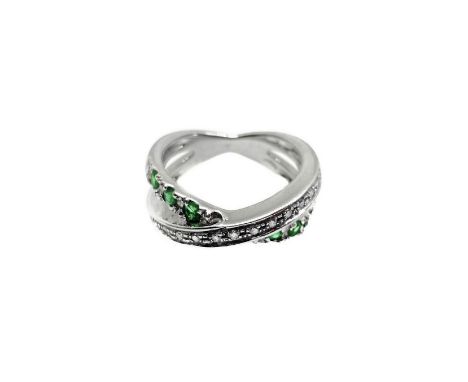 Double loop cross ring, one with emeralds and one with diamonds Gr 7.6  