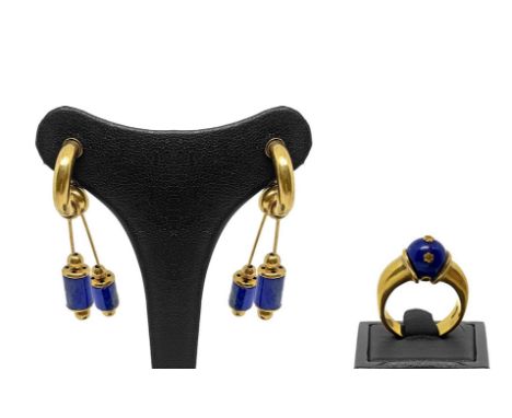 Set of earrings and ring in red gold with lapis lazuli, 20th century 25.3 g  