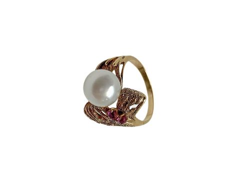 Pinky red gold ring with pearl and ruby flakes Gr. 3.2 M.48  