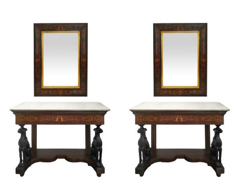 Console in mahogany, inlaid in light wood, supporting legs with sculptures in the manner of Cirneco dell'Etna.  h 100 cm, 137