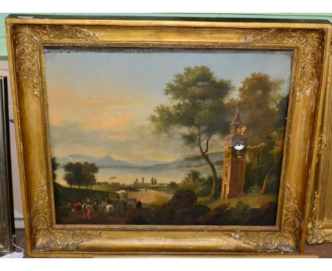 A picture striking wall clock, 19th century, gilt wooden picture frame with scroll and floral corners and acanthus leaf borde