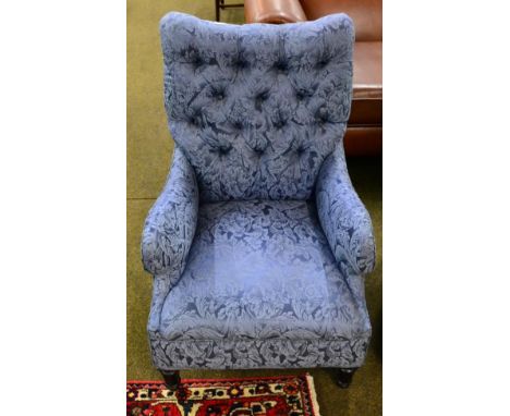 Late Victorian blue upholstered and button back armchair 