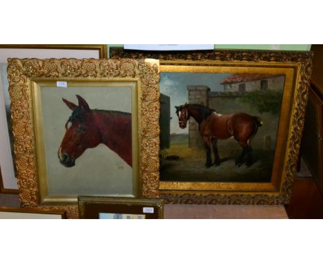 British School (20th century) Horse by farmyard gate, indistinctly signed and dated 1901, oil on board; together with a furth