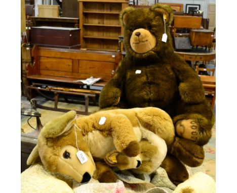 Large modern Steiff kangaroo and baby, and a large Steiff seated brown bear (2)