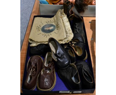 Pair of Edwardian black leather lace up boots (size 12), two pairs of child size 4 black leather shoes, pair of CC41 black la