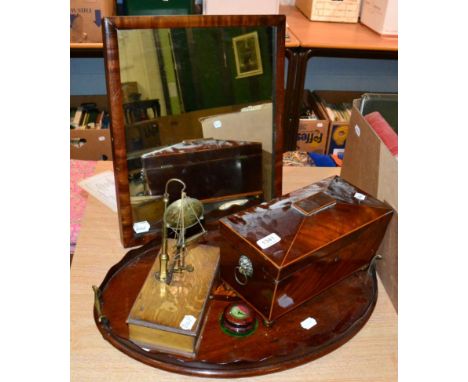 Mahogany easel back mirror; Regency mahogany tea caddy; mahogany galleried tray; and  brass scales 
