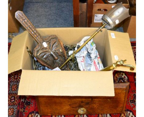 A large set of brass grocers scales, the plinth base marked ''Bartlette &amp; Sons, Bristol''; a brass ceiling light fitting;