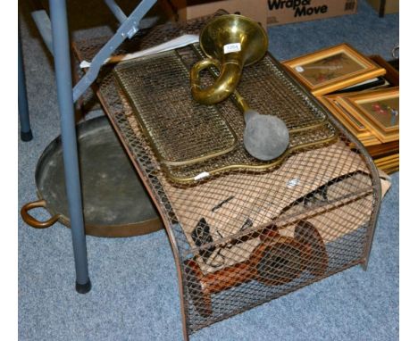A large copper twin handled pan cover engraved with initials beneath a coronet; steel and other fire tools 