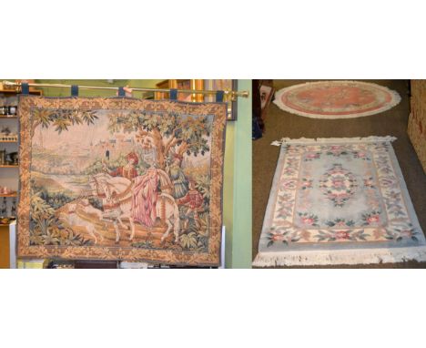 Machine made tapestry depicting a hunting scene together with two carved Chinese rugs (3)