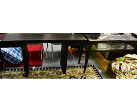 A two-tier glass top and hardwood console table, modern, on square tapering legs, 125cm by 40cm by 75cm; and a rectangular co