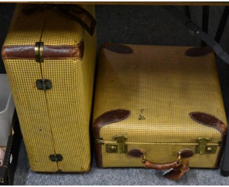 Circa 1940s cream and brown checked suitcase with fitted interior, and leather trims, another smaller, white linen and four s