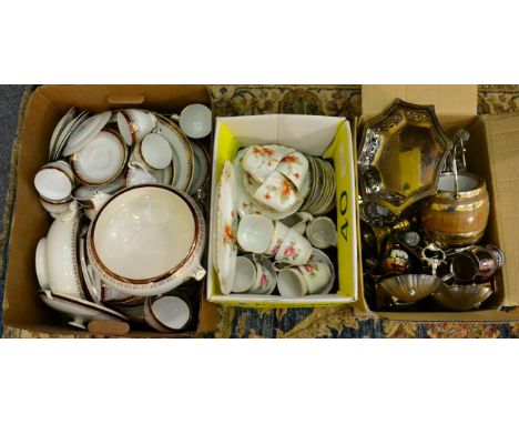 Tea services including Durham China, a box of plated and brasswares; together with Royal Grafton Majestic dinner service (thr