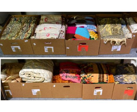 Assorted textiles, including net and lace curtains including coloured examples, coloured chenille cloths and curtains, easter