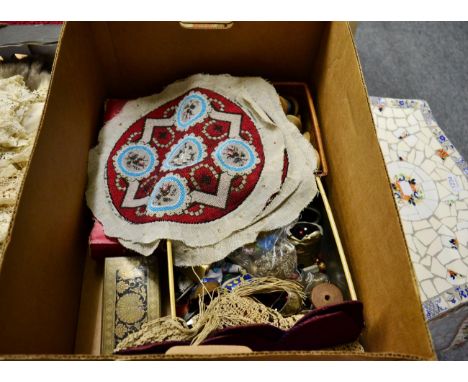 Assorted needlework tools and accessories, including a pair of circular beaded panels, bead purse (a.f.), wooden bobbins, nov