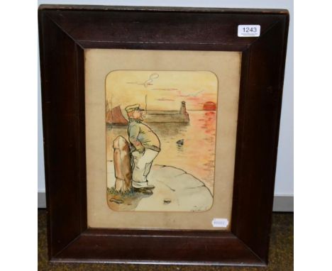 Wilfred Howells (20th century), fisherman on dock smoking a pipe, signed print