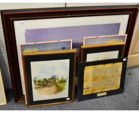 After William Barns Wollen ''The Rugby Match'' colour print, framed and glazed; together with four prints of Sherlock Holmes 