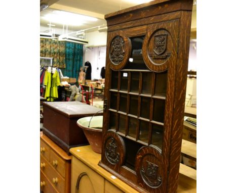 Victorian pine box; an enamel bread tin; carved oak corner cabinet; skillet; circular tray; pestle and mortar; large bowl; an