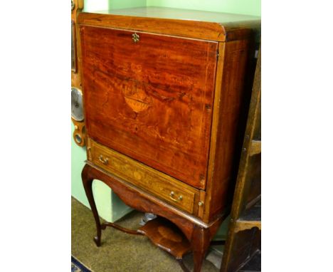 An Edwardian mahogany, satinwood banded and marquetry inlaid writing cabinet on stand, early 20th century, the top inlaid wit