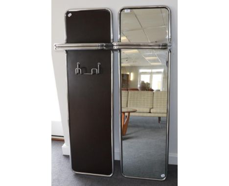 A 1970s chrome tubular hall mirror and matching coat rack, each with a shelf, 142cm by 41cm 