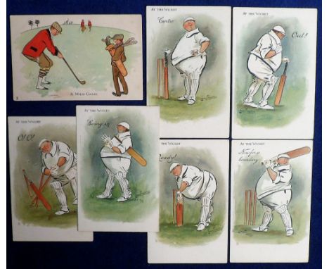 Postcards, Cricket, 'At the Wicket' a set of 6 artist-drawn/comic cards by Lance Thackeray published by Tuck (all unused) (sl