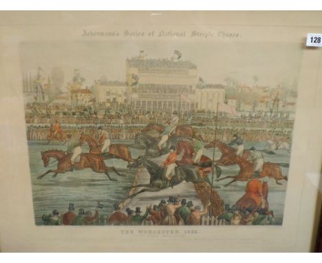 Horse Racing, a pair of Ackermann's steeple chase prints with hand coloured images for Worcester races 1856, framed and glaze