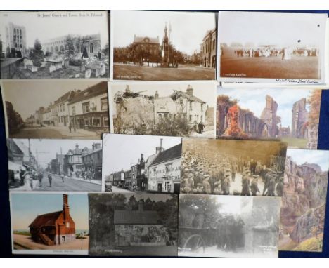Postcards, Suffolk &amp; Somerset, a collection of 100+ cards RP's and printed, inc. Sudbury street scene (RP), White Hart Ho