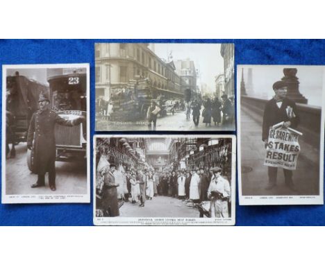 Postcards, 4 London Life cards, Rotary Series 10513 No 5 Newspaper Boy, no 17 Police Constable, Billingsgate Fish Market publ