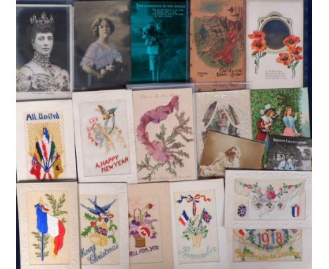 Postcards, Embroidered silks &amp; novelties, a mixed selection of 30+ cards inc. 12 WW1 period silks, with greetings, patrio