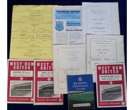 Football programmes, nine Reserve match programmes inc. three West Ham home games v Bristol City Res 11 Apr 1959 (Moore at Ce