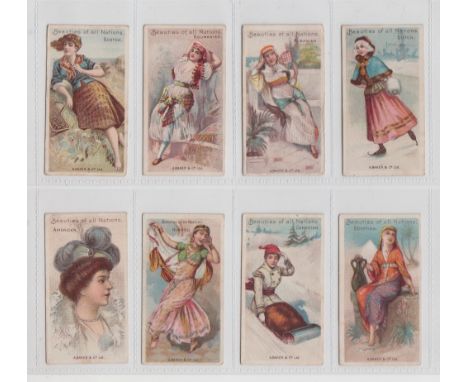 Cigarette cards, A Baker &amp; Co., Beauties of All Nations (all A. Baker &amp; Co. backs), 8 cards, Albanian, American, Cana