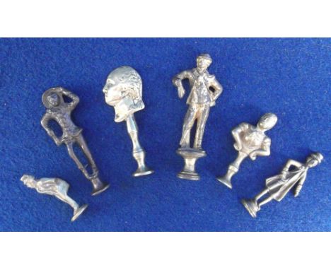 Collectables, Smoking. 6 mid 19th C brass pipe tampers one depicting George Washington and 5 depicting Dickens' Characters (g