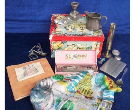 Collectables. A 1950s Huntley &amp; Palmers 1950s Christmas biscuit tin containing an assortment of items to include a small 