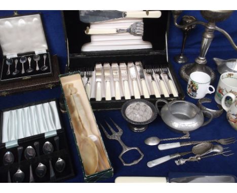 Collectables, a qty of mixed 20th C cutlery and other items to include boxed spoons and knives, a 51 piece canteen of silver 