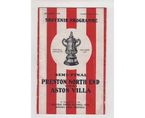 Football Programme, Preston North End v Aston Villa, FAC semi-final 26 March 1938, played at Sheffield United (some slight ma