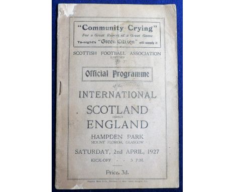 Football programme, Scotland v England, 2 July 1927, played at Hampden Park. England team includes Dean (Everton), Hulme (Ars