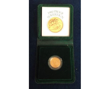 Coin, GB, a Royal Mint 1980 proof gold sovereign, in case of issue with leaflet.