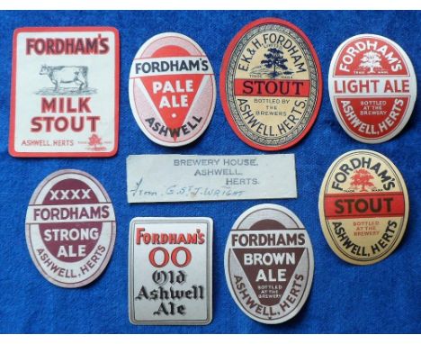 Beer labels, E K &amp; H Fordham, Ashwell, Herts, a mixed selection of 8 labels, mixed shapes and sizes including Stout, Ligh
